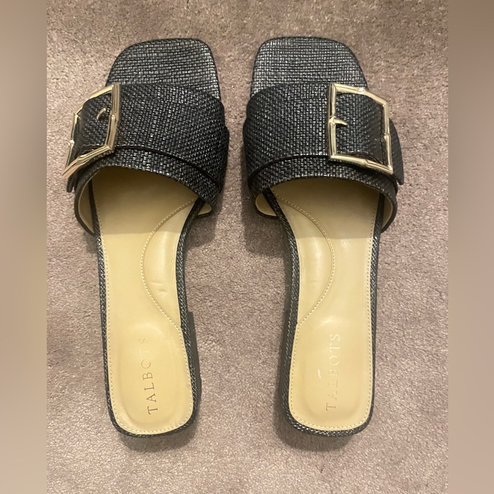Talbots Black Slide Sandals with Gold Buckles